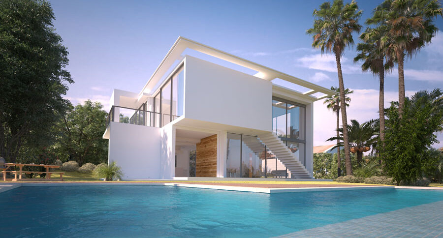 Bauhaus mit Poolanlage